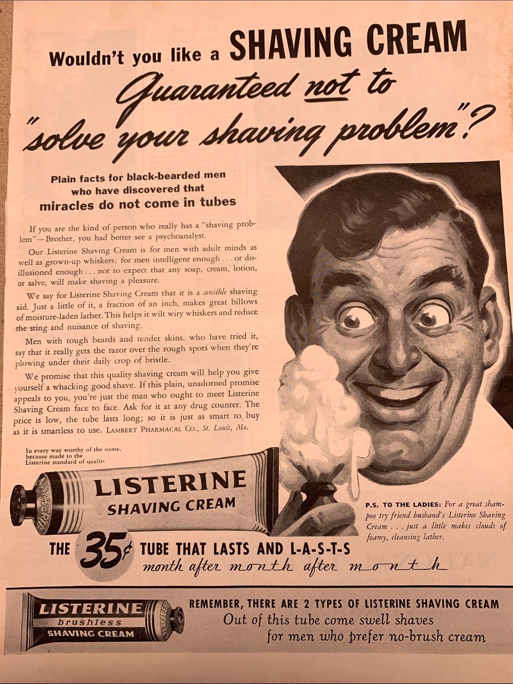 Vintage Shaving Cream Ad by Listerine from Life Magazine November 8, 1943
